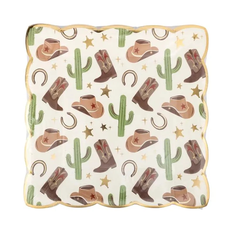 Single square cream plate with all‑over western icons—hats, boots, cacti, horseshoes, stars—gold scalloped edge.