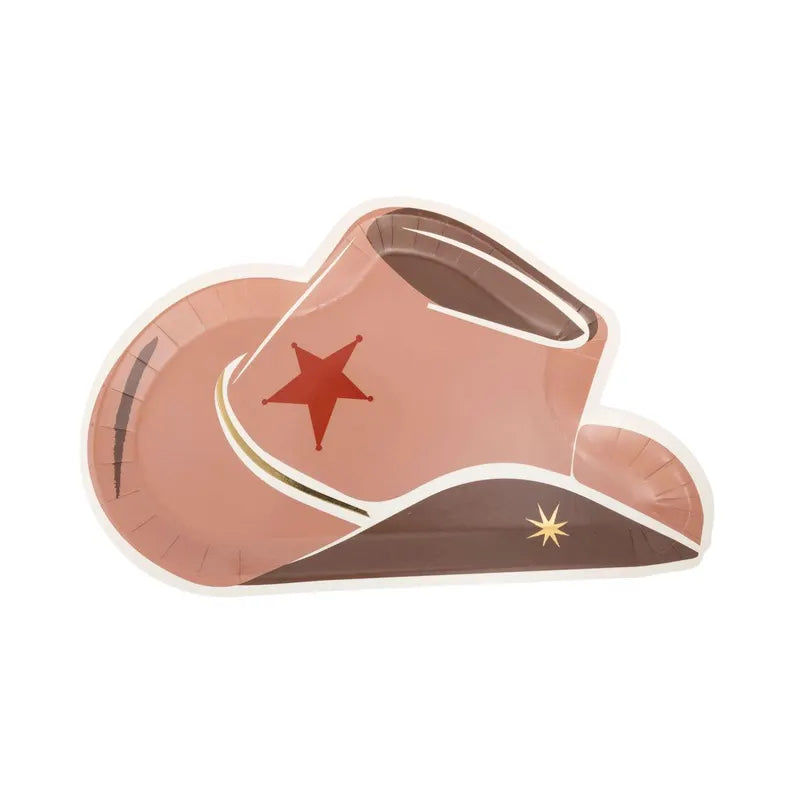 Tan cowboy hat‑shaped paper plate with red star and gold accents on white background.
