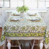 Discover the perfect backdrop for your summer celebrations with our Green Floral Tablecloth. Measuring 60"x 92", this tablecloth combines practicality with style, making it an essential addition to your garden party decor. Made from soft, durable cotton with a vibrant green and white block print, it’s not just a tablecloth—it’s a part of the party. Your guests will love this eye-catching floral tablecloth.