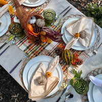 Brown, Orange and Cream Thanksgiving Table Runner on a Thanksgiving Tablescape.