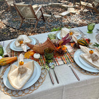 Brown, Orange and Cream Thanksgiving Table Runner on a Thanksgiving Tablescape.
