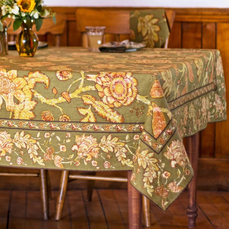 Transform your Thanksgiving table with our Sage Green Foliage Tablecloth. Perfect for both intimate and larger gatherings, available in 60" x 90" for six seats or 60" x 108" for eight. This 100% cotton Thanksgiving tablecloth beautifully complements your fall table decor with its rustic floral patterns, adding a classic autumn vibes to any meal.