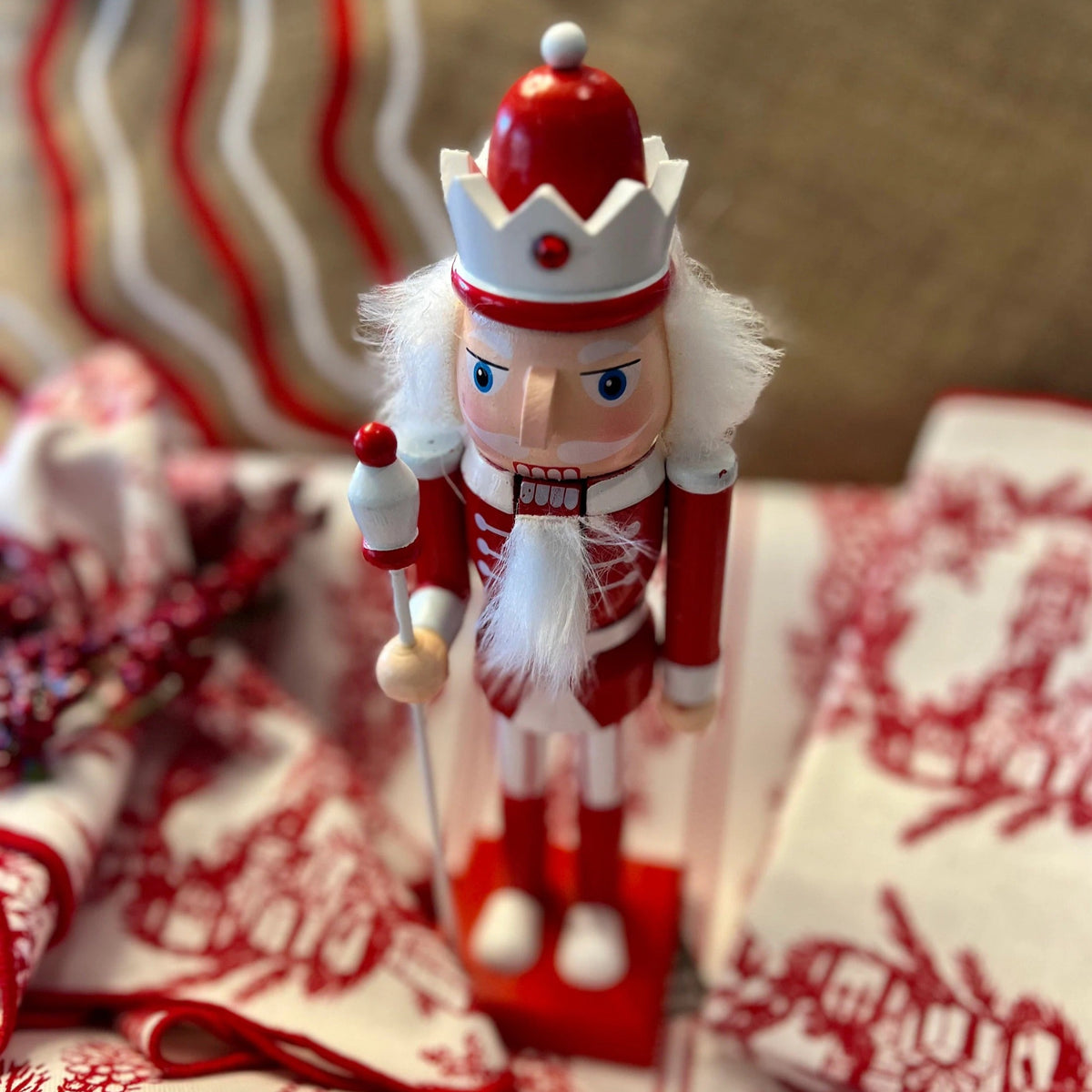 Red and white Christmas nutcrackers perfect for a Christmas Coffee Table Decor
