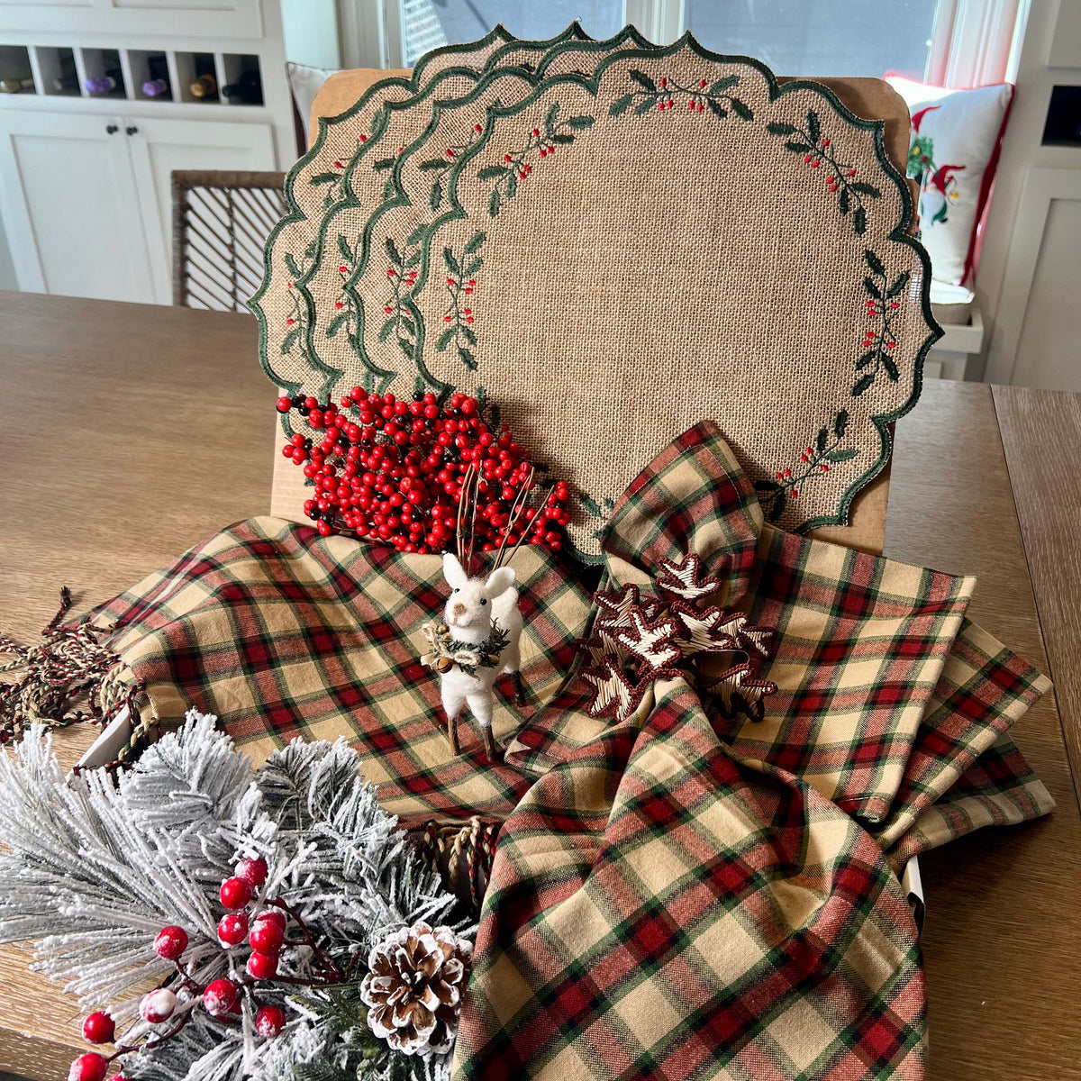 Green Holly Burlap Christmas Placemats on a Christmas tablescape.