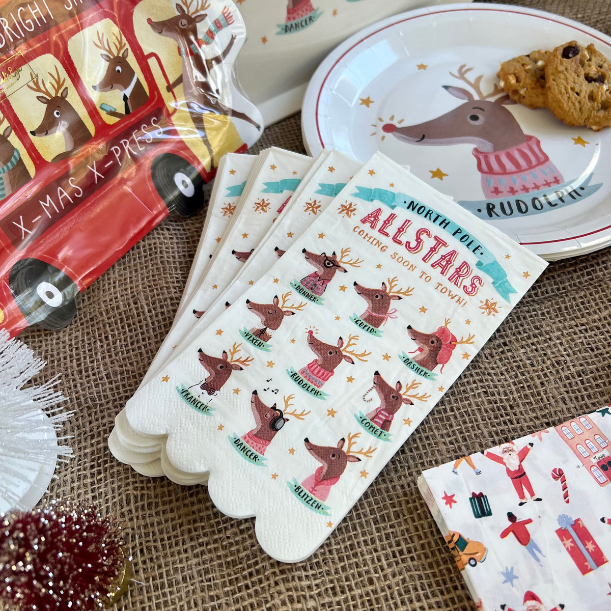 Christmas paper napkins featuring Santas Reindeer.