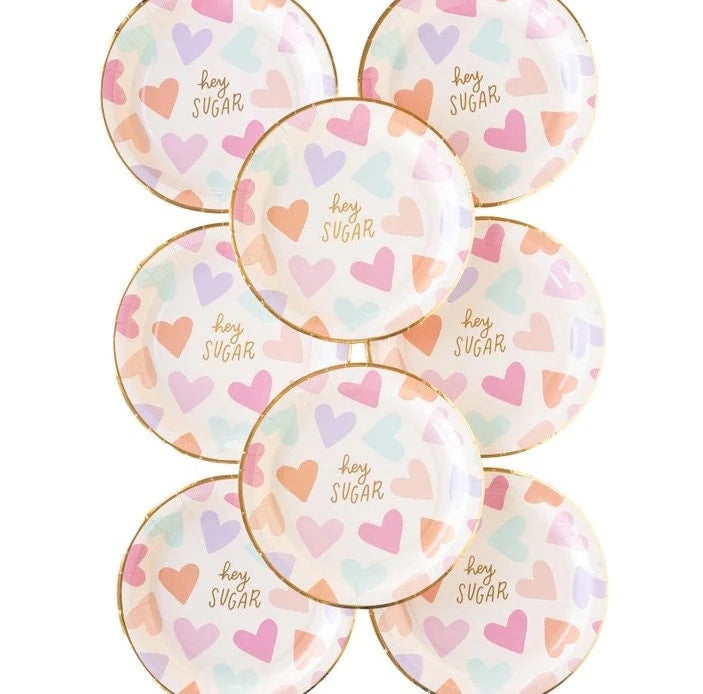 Valentines Day Plates with Hearts and Hey Sugar Saying - perfect for a Valentines Day Party or a Baby Shower