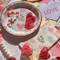 Valentines Day Plates with Hearts and Hey Sugar Saying - perfect for a Valentines Day Party or a Baby Shower