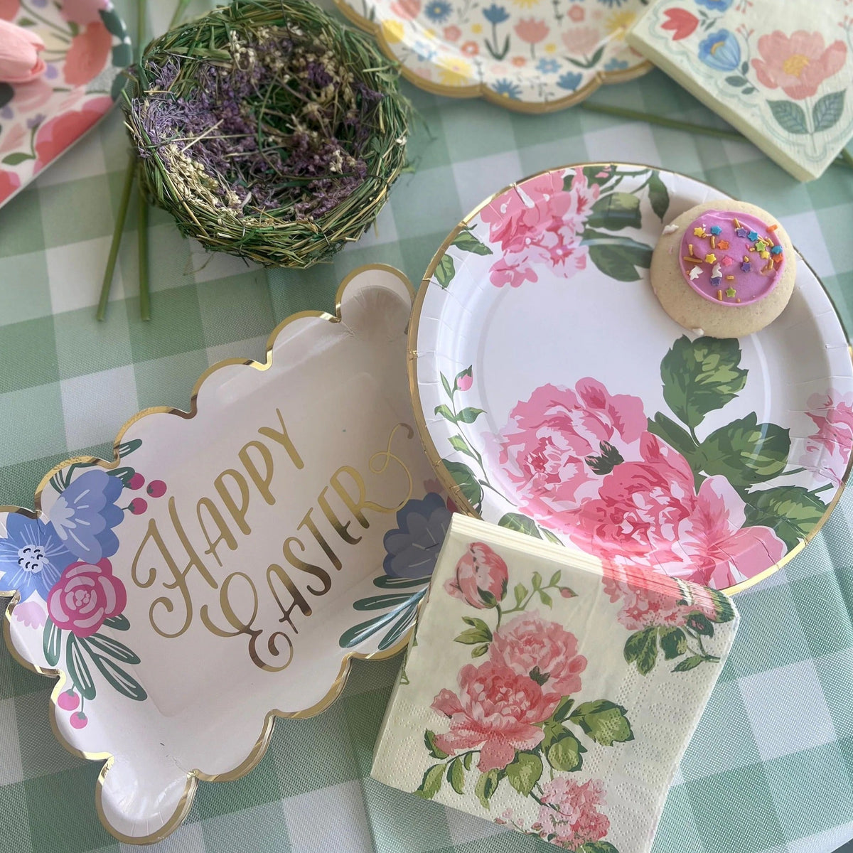 Pink Floral Party Plates - Set of 8 - Garden Flowers Bridal Shower Baby Shower Paper Plates - Cake Reception Luncheon Dinner - Easter