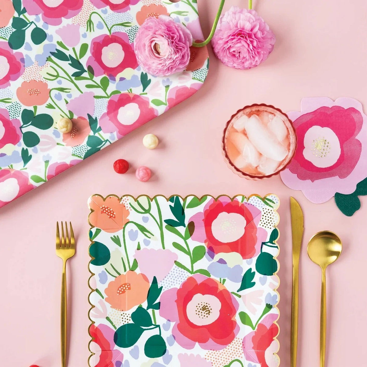Bamboo tray with spring flower design in pinks and green - perfect to use as an Easter serving tray or platter