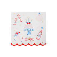 Single large white birthday party napkin with illustrated champagne cake disco ball and gift icons in red blue and pink with red scalloped border on white background