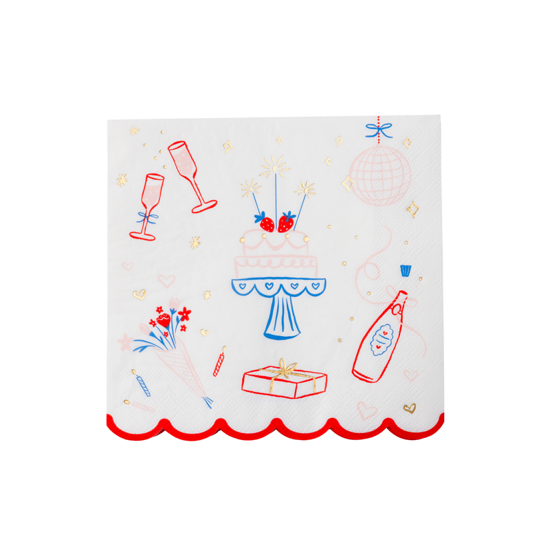 Single large white birthday party napkin with illustrated champagne cake disco ball and gift icons in red blue and pink with red scalloped border on white background