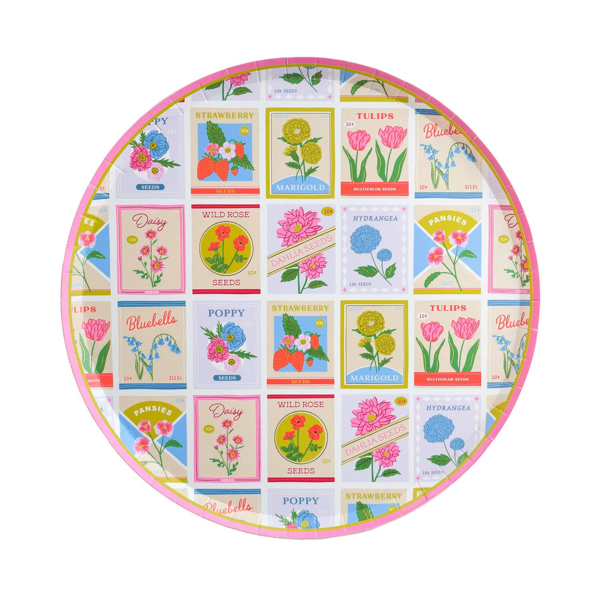 Round paper dinner plate with colorful vintage seed packet floral design and pink rim