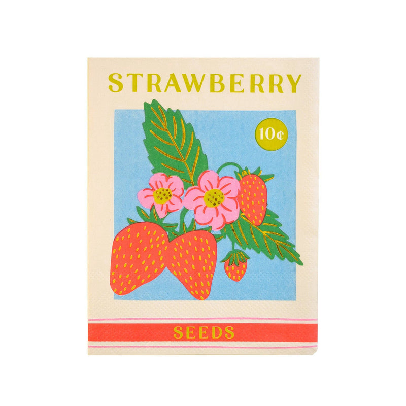 Strawberry seed packet large napkin with vintage-style botanical illustration