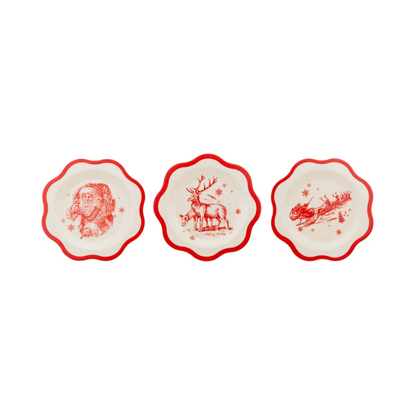 Isolated view of the three unique bamboo plates showing the Santa Reindeer Art vintage red illustrations.