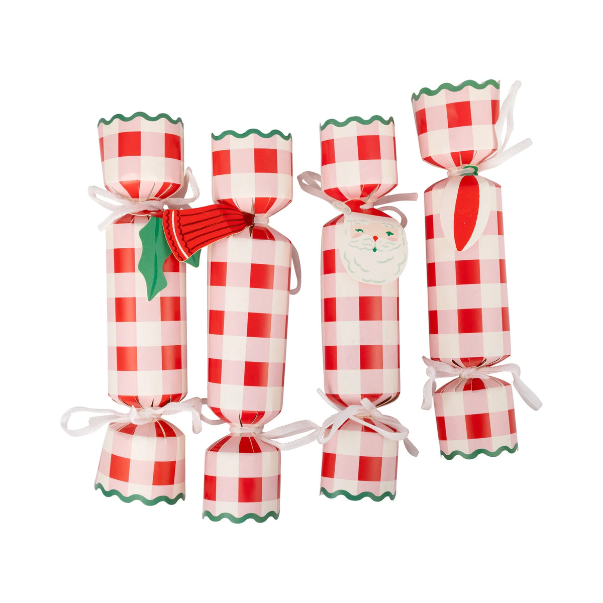 Isolated set of four assembled Christmas poppers showing the red and pink gingham pattern and character cutouts.