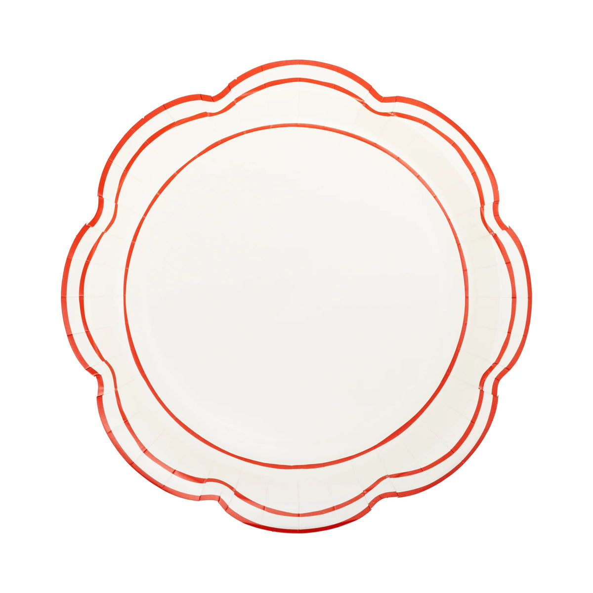Isolated view of a single scalloped edge plate showing the cream color and red outline detail.