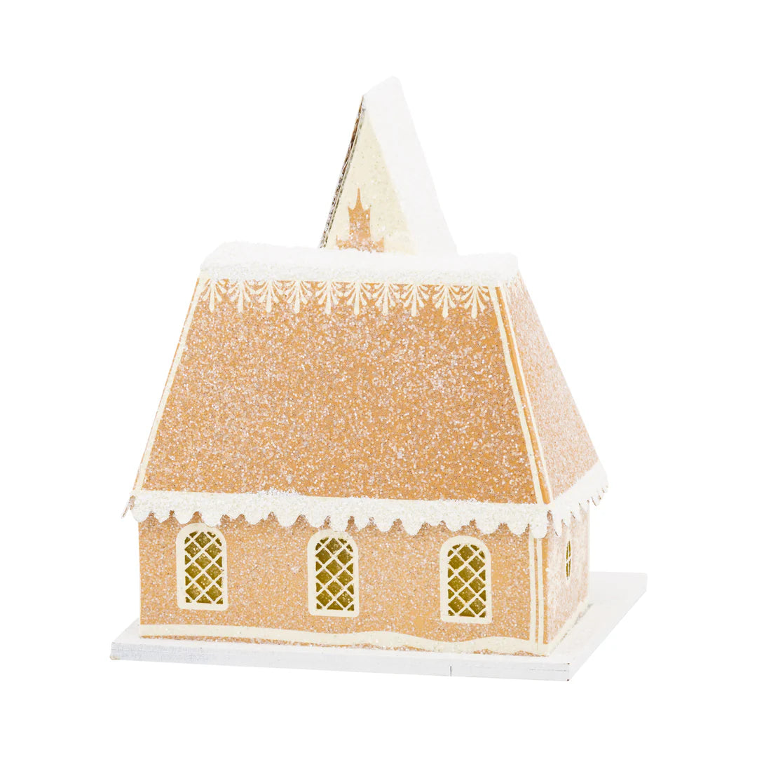 Isolated view of the Gingerbread Chalet decor putz house showing the tall A-frame roof and detailed gingerbread house look.