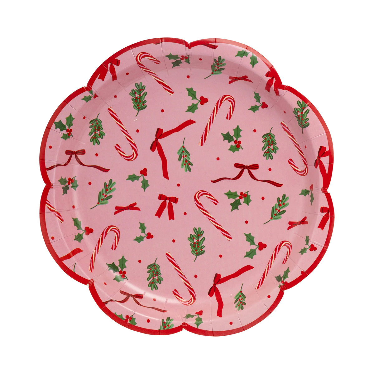 Isolated view of a single pink Christmas plate showing the candy cane and holly repeat pattern.