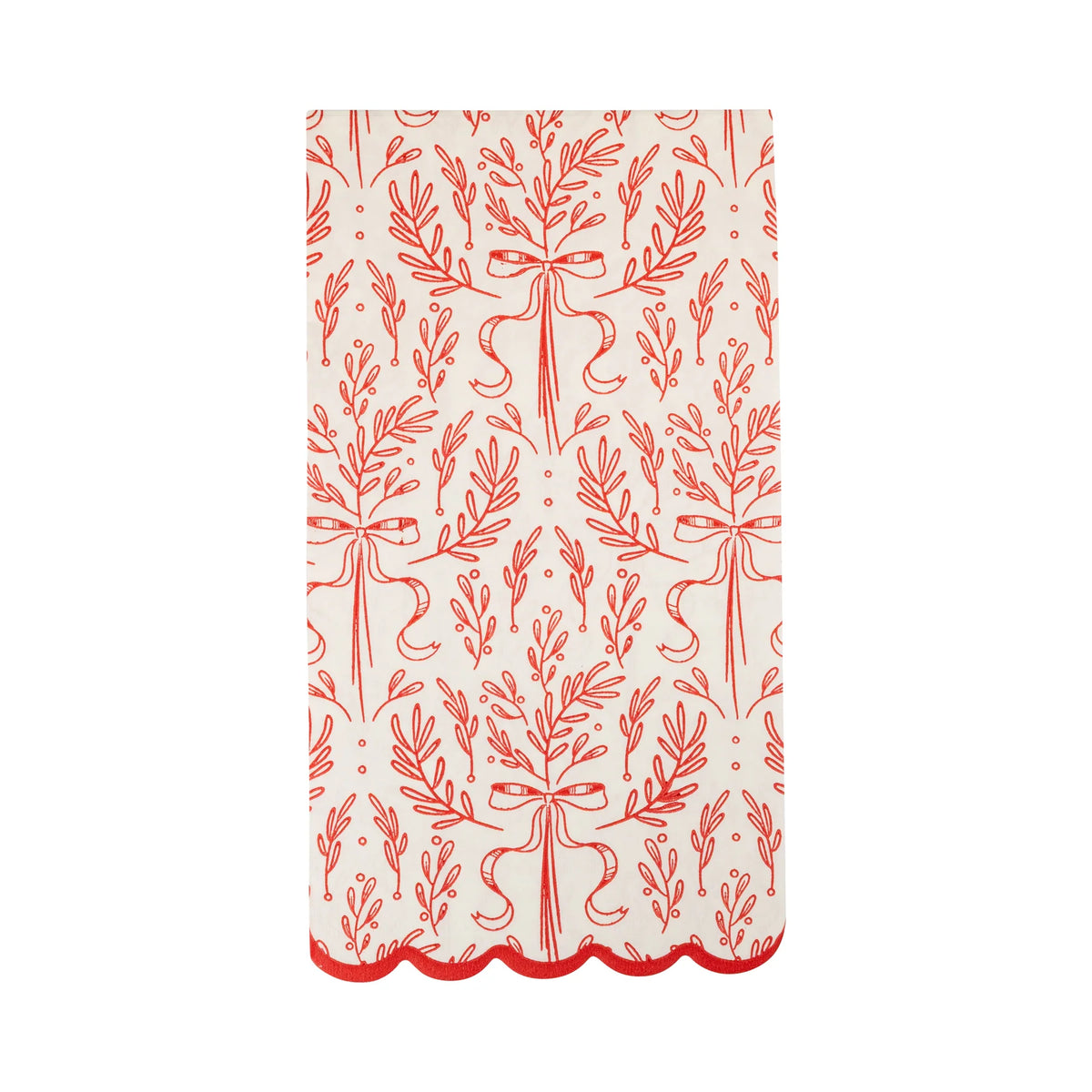 Isolated view of a single red and white napkin showing the continuous red bough illustration and scalloped edge.