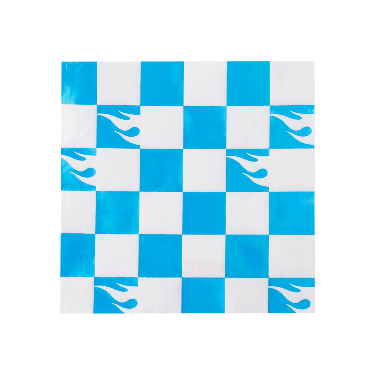 Isolated view of a single blue foil checkered party supplies napkin showing the Hot Wheels flame logo pattern.