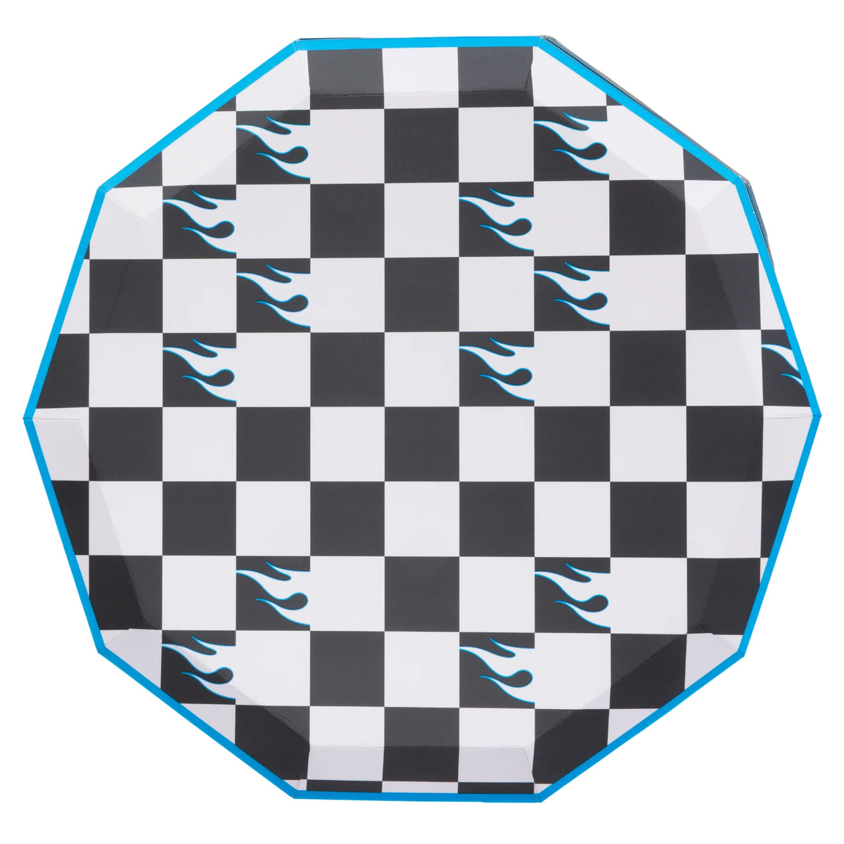 Isolated view of a single octagonal checkered dinner plate featuring the black/white checkerboard and blue flame pattern.