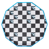 Isolated view of a single octagonal checkered dinner plate featuring the black/white checkerboard and blue flame pattern.