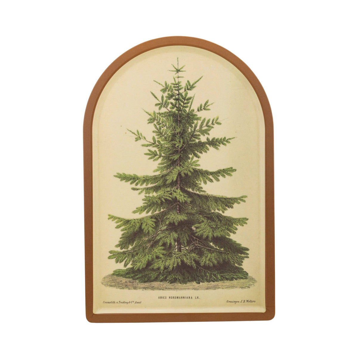 Isolated view of the arched bamboo tray featuring the detailed vintage evergreen tree illustration.