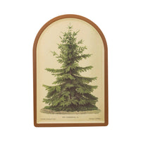Isolated view of the arched bamboo tray featuring the detailed vintage evergreen tree illustration.