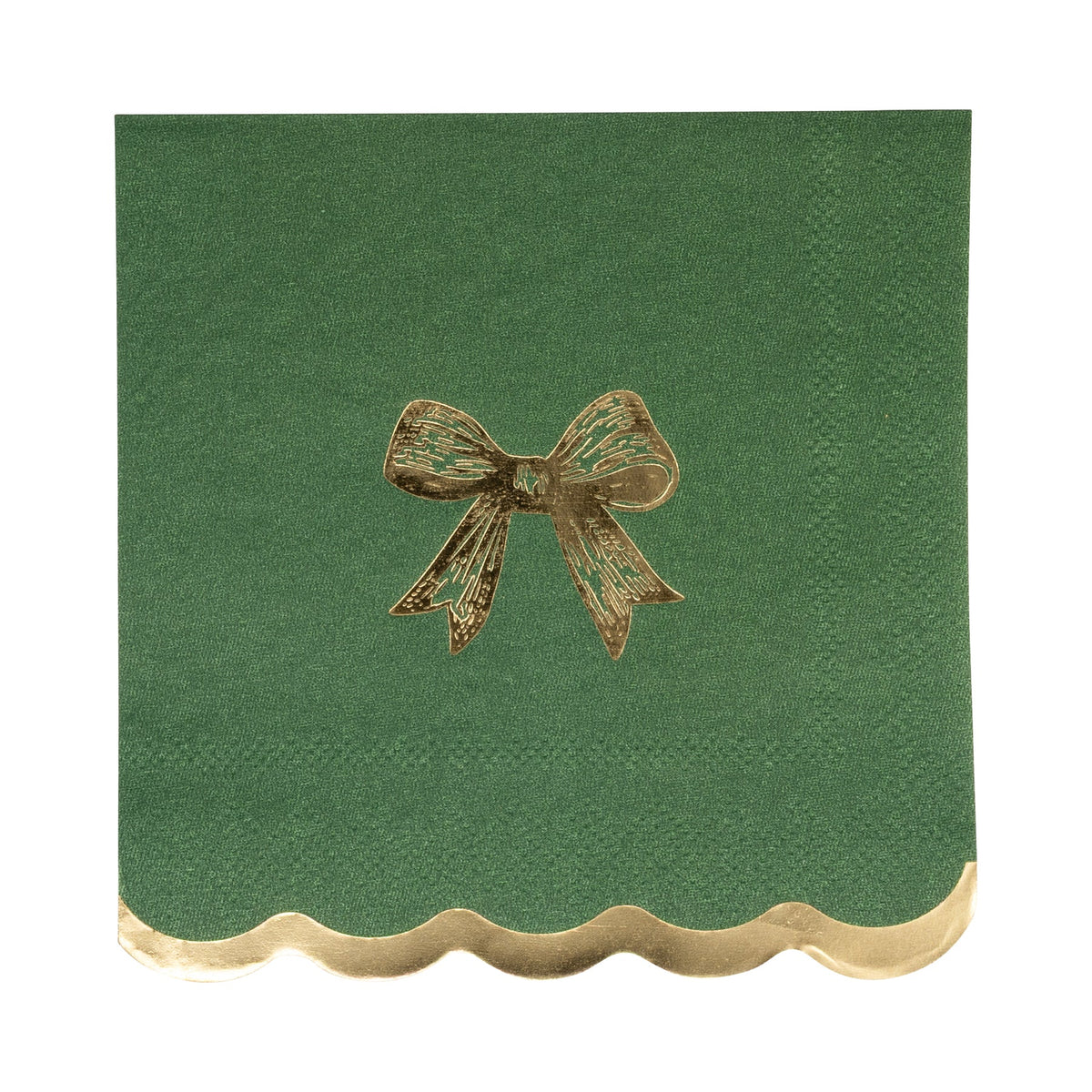 Close-up of a single dark green napkin featuring a gold foil accents bow and a scalloped edge.