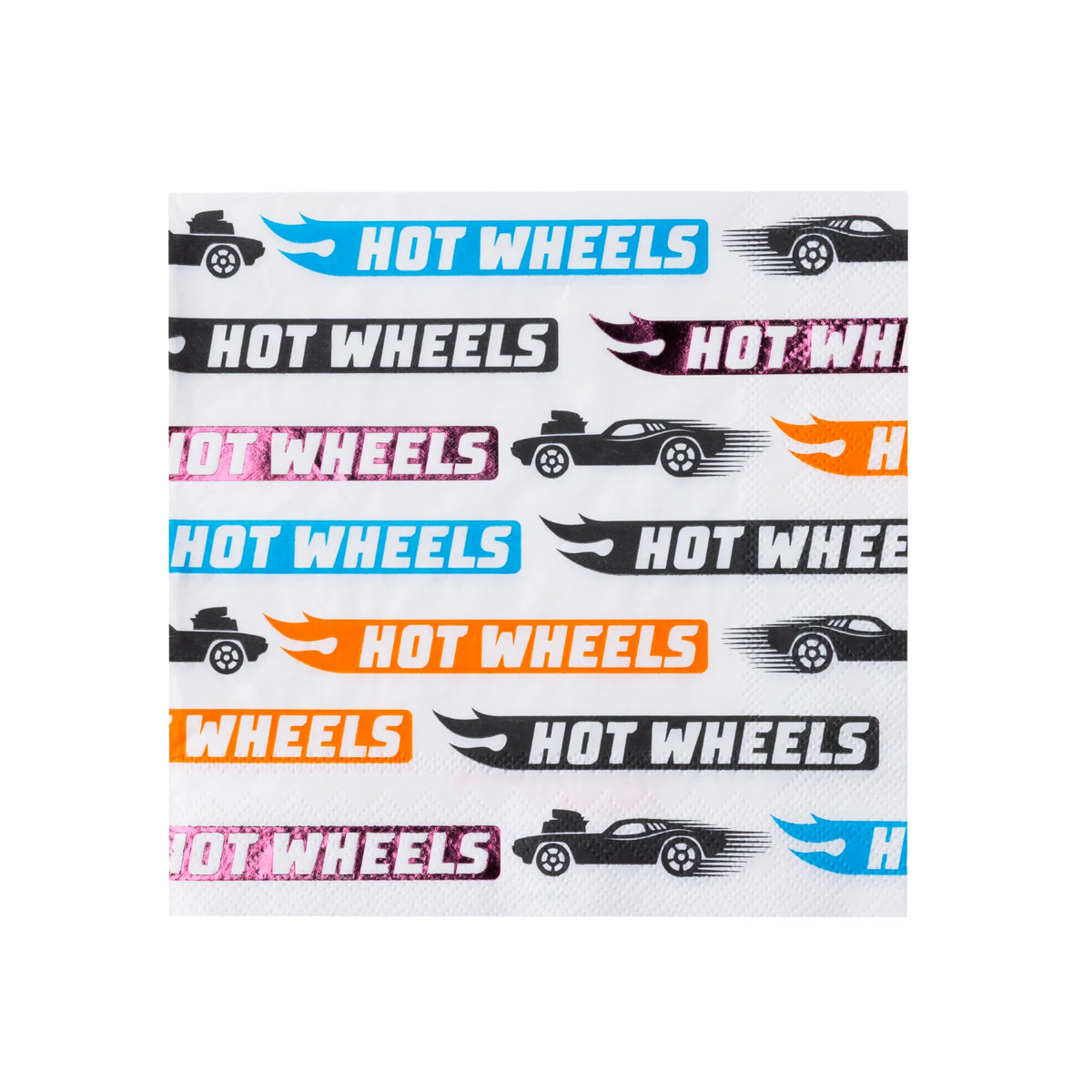 Large Hot Wheels Party Kit napkin with the repeating multicolor logo pattern.