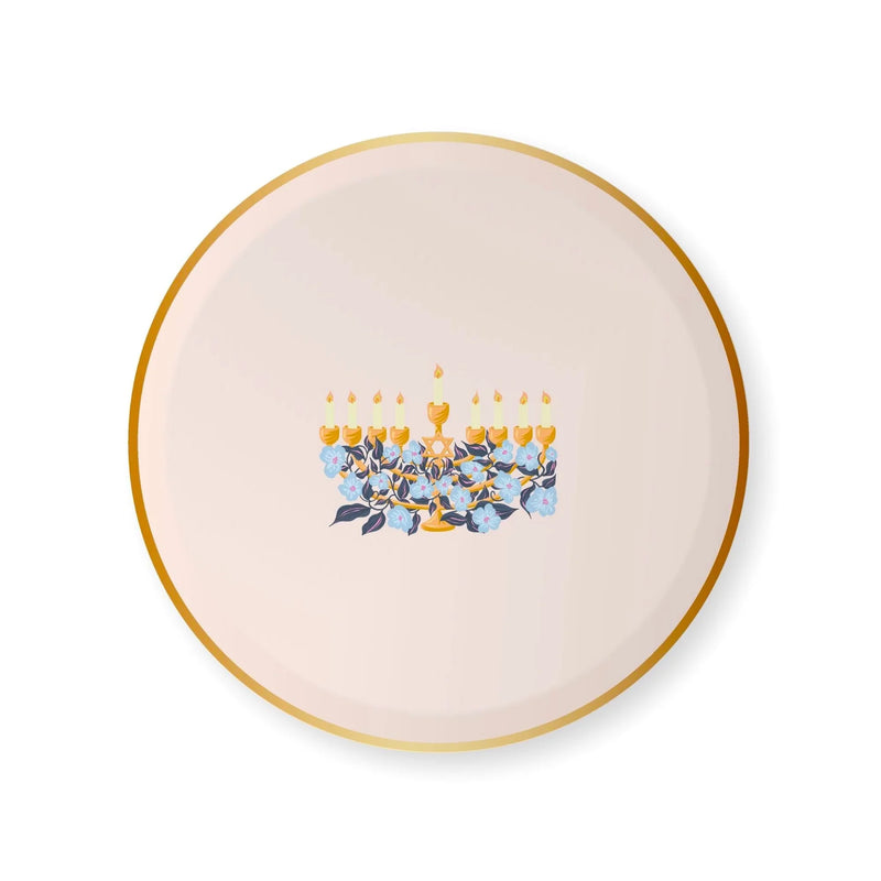 Isolated view of a single round hanukkah paper plate featuring the floral menorah illustration and gold foil rim.
