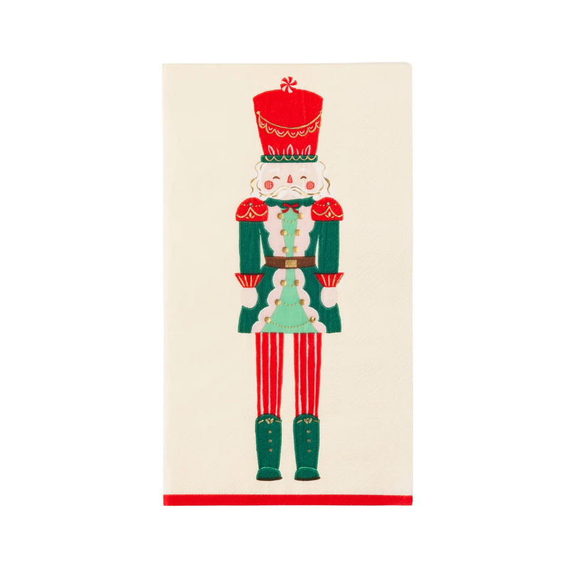 Isolated view of a single nutcracker guest towel napkin showing the full Nutcracker Prince illustration.