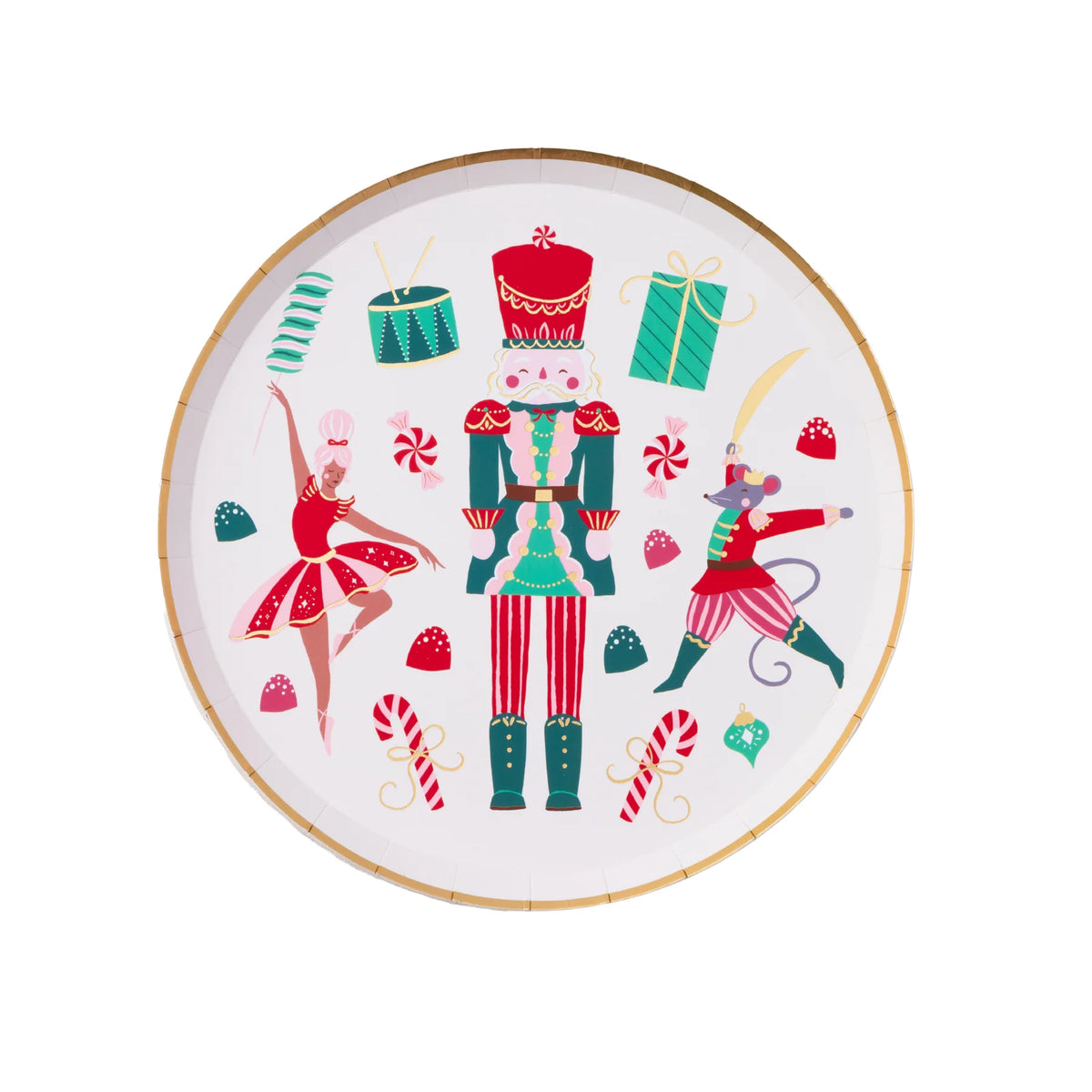 Isolated view of a single nutcracker plate showing the vibrant ballet-inspired illustrations and gold foil rim.
