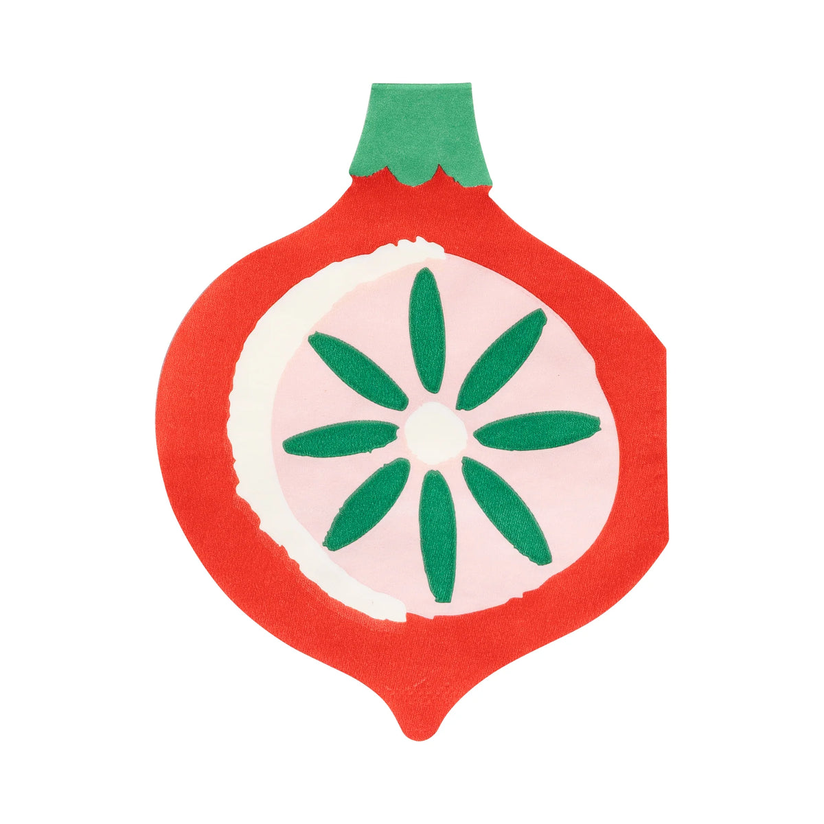 Isolated view of a single ornament shaped napkin in red, pink, and green die-cut design.