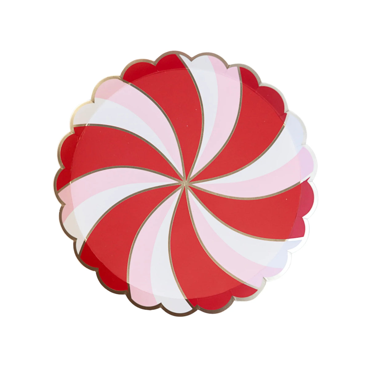Isolated view of a single peppermint paper plate showing the red and pink candy swirl design with a gold scalloped rim.