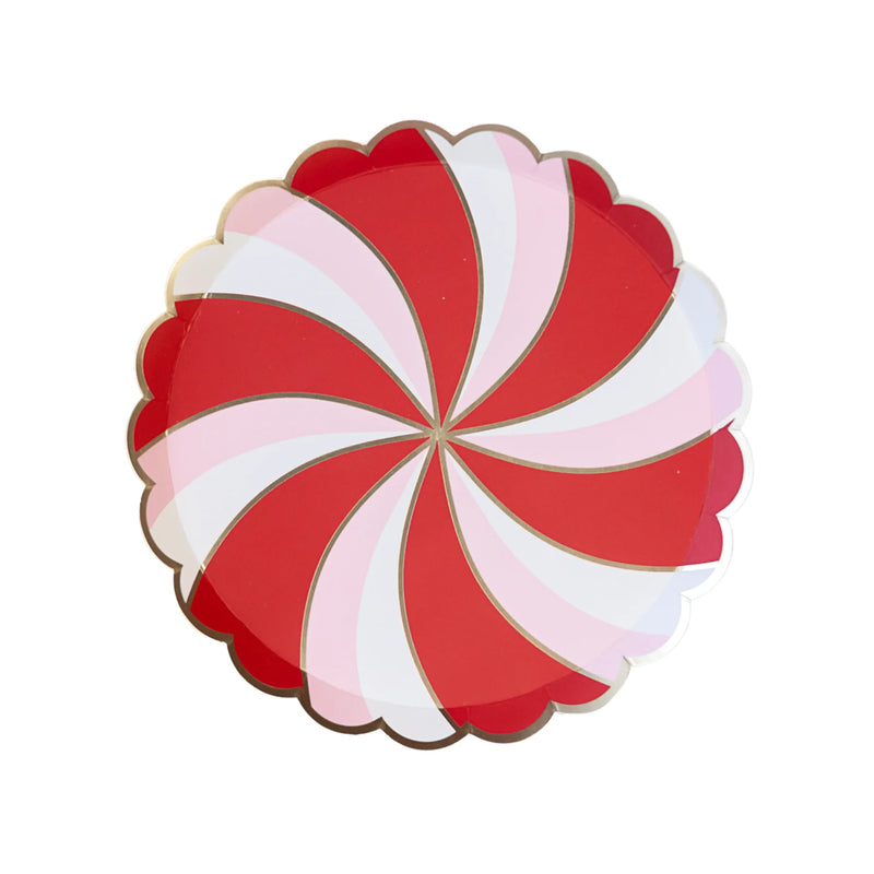 Isolated view of a single peppermint paper plate showing the red and pink candy swirl design with a gold scalloped rim.