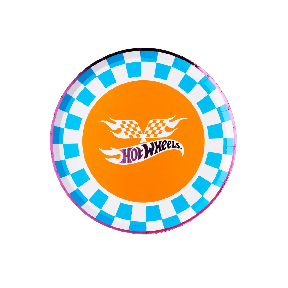 Isolated view of a single round race car plate showing the orange center, blue checker border, and pink foil rim.