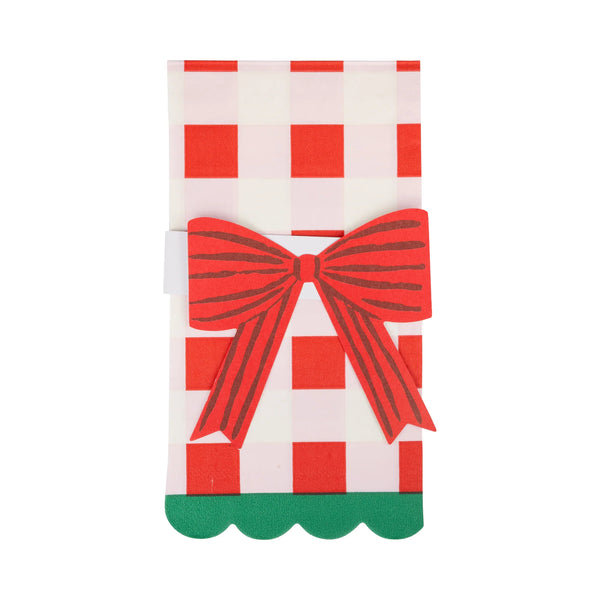 Isolated view of the red plaid napkins showing the gingham pattern and green scalloped bottom trim.