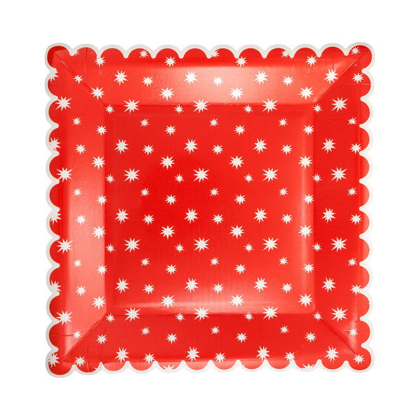 Isolated image of a single square Red Star Plate showing the red and white pattern and scalloped edge.