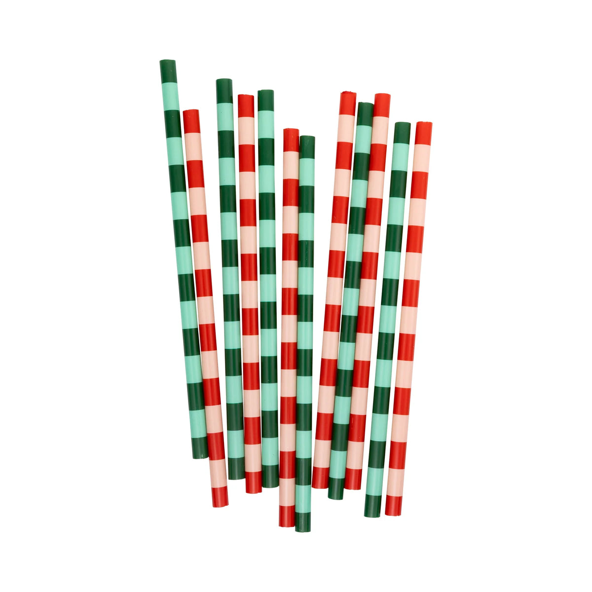 Isolated view of the reusable party straws showing the red, pink, mint, and green striped pattern designs.