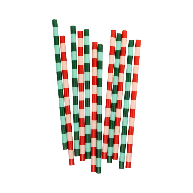 Isolated view of the reusable party straws showing the red, pink, mint, and green striped pattern designs.