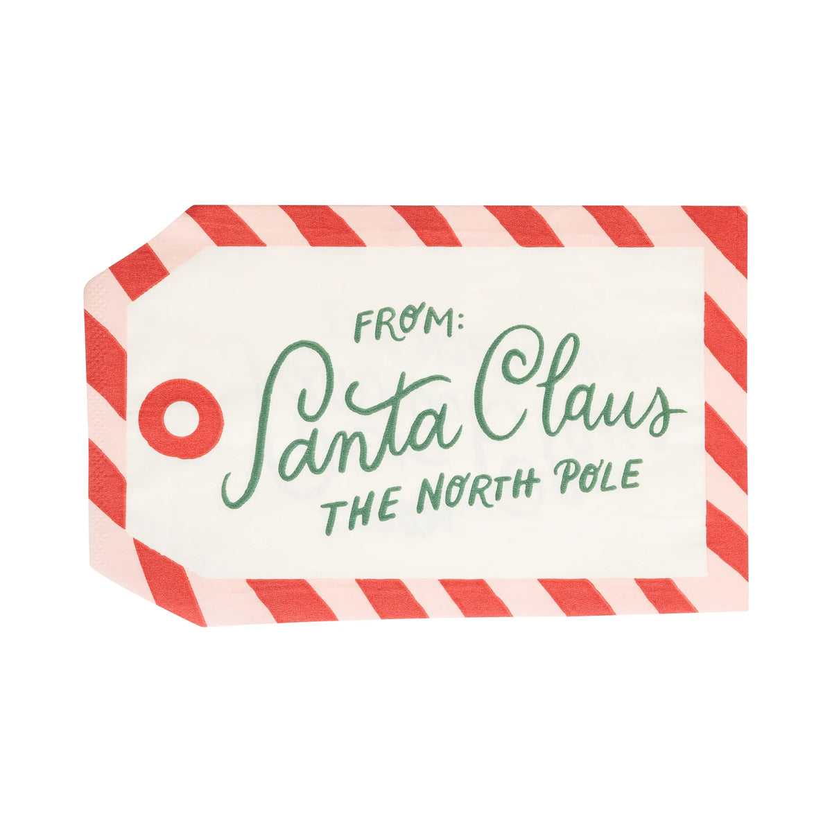 Isolated image of a single die-cut Santa tag napkin with the red stripe border and "FROM: Santa Claus" text.