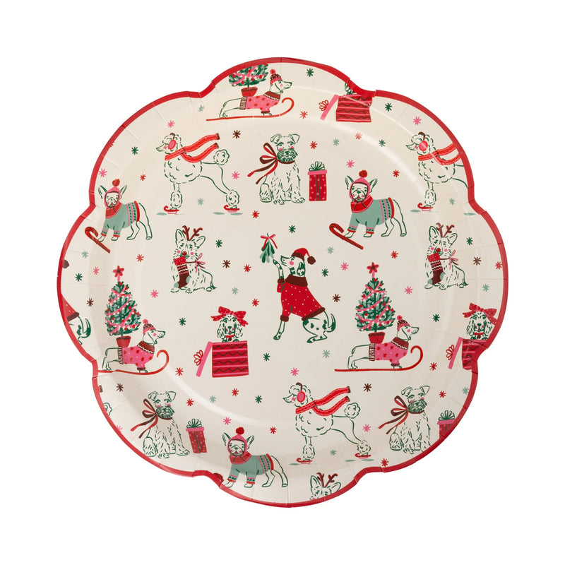 Isolated view of the Christmas tree plate showing the painted tree illustration and the red scalloped edge plates.