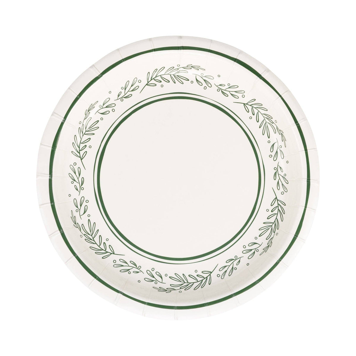 Isolated view of a single round paper dessert plate showing the delicate green bough illustration border.