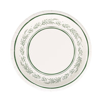 Isolated view of a single round paper dessert plate showing the delicate green bough illustration border.