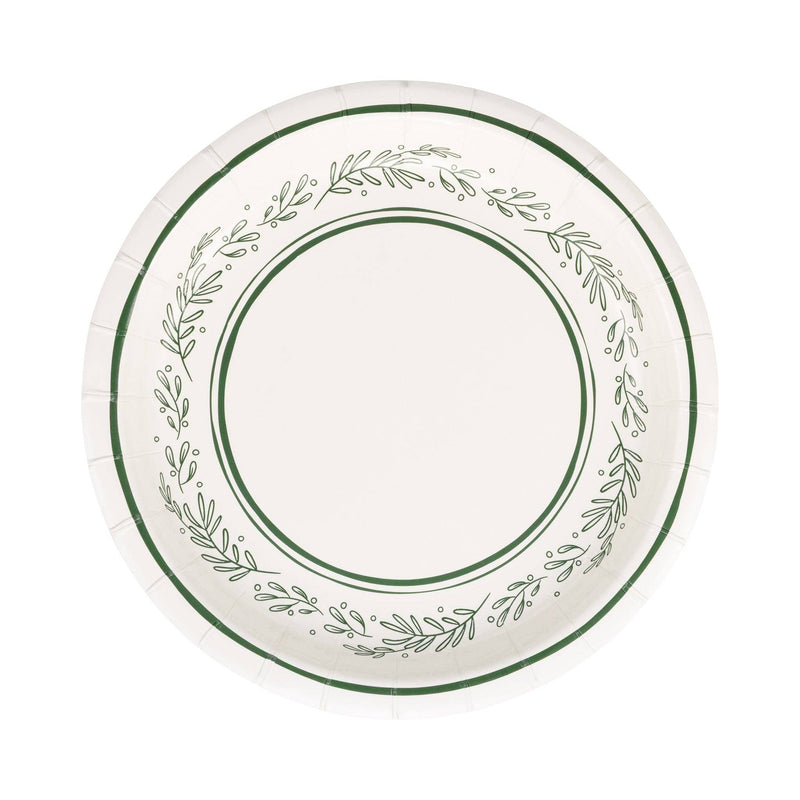 Isolated view of a single round paper dessert plate showing the delicate green bough illustration border.