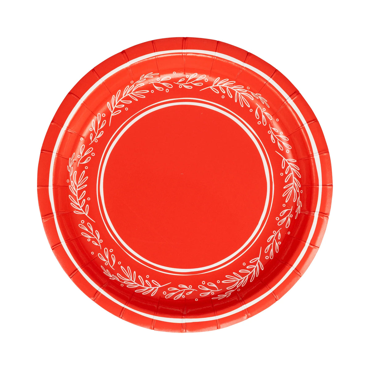 Isolated view of a single red paper plate showing the holiday bough illustration (Christmas floral plates) and scalloped edge.