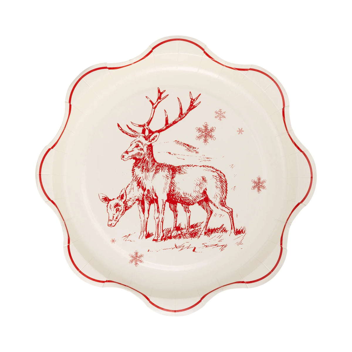 Isolated view of one of the Santa Reindeer Plates showing the deer illustration and scalloped edge.