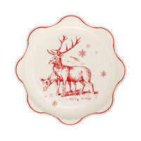 Isolated view of one of the Santa Reindeer Plates showing the deer illustration and scalloped edge.