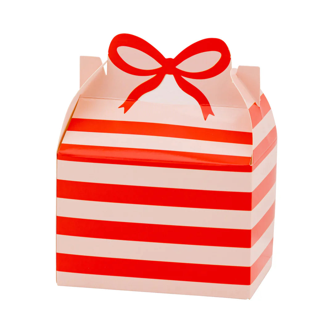 Isolated view of a single assembled red stripe Christmas cookie box showing the bow-handle design.
